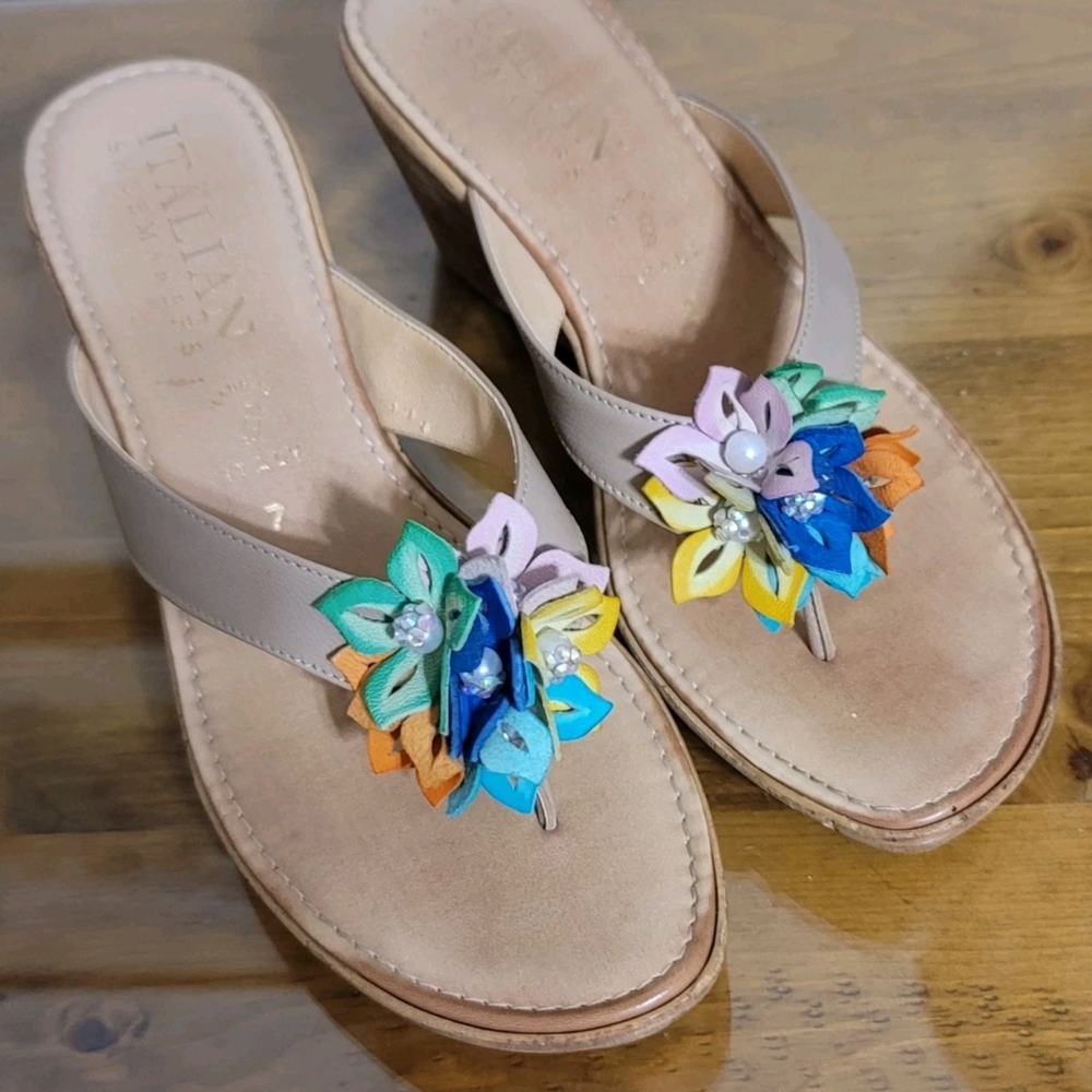 Italian Shoemakers Beige Flower Embellished Wedge Sandal Size 7